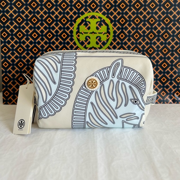 Tory Burch Virginia Printed Large Cosmetic Case Bag Blue Zebra Gold Blue Cream - Picture 1 of 10